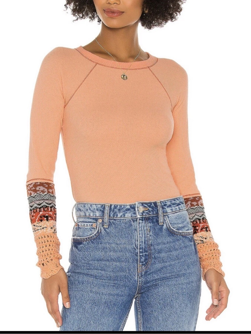 Free People In The Mix Cuff Thermal Top Orange Waffle